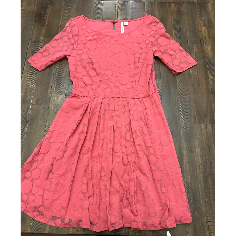 LC Lauren Conrad Dress 6 Coral Pink Excellent Polka Dot Burnout Mesh Fit & Flare